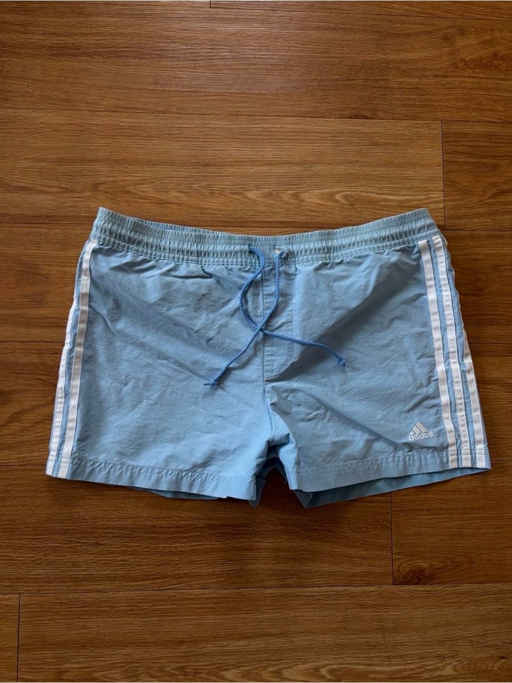 adidas Light Blue Swim Trunks with White Stripes